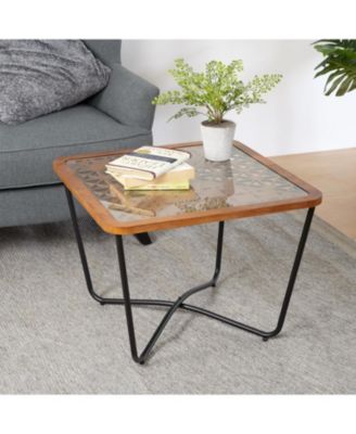 Modern Industrial Square Coffee Table Glass Top Metal Frame Wooden Accent Living Room Table