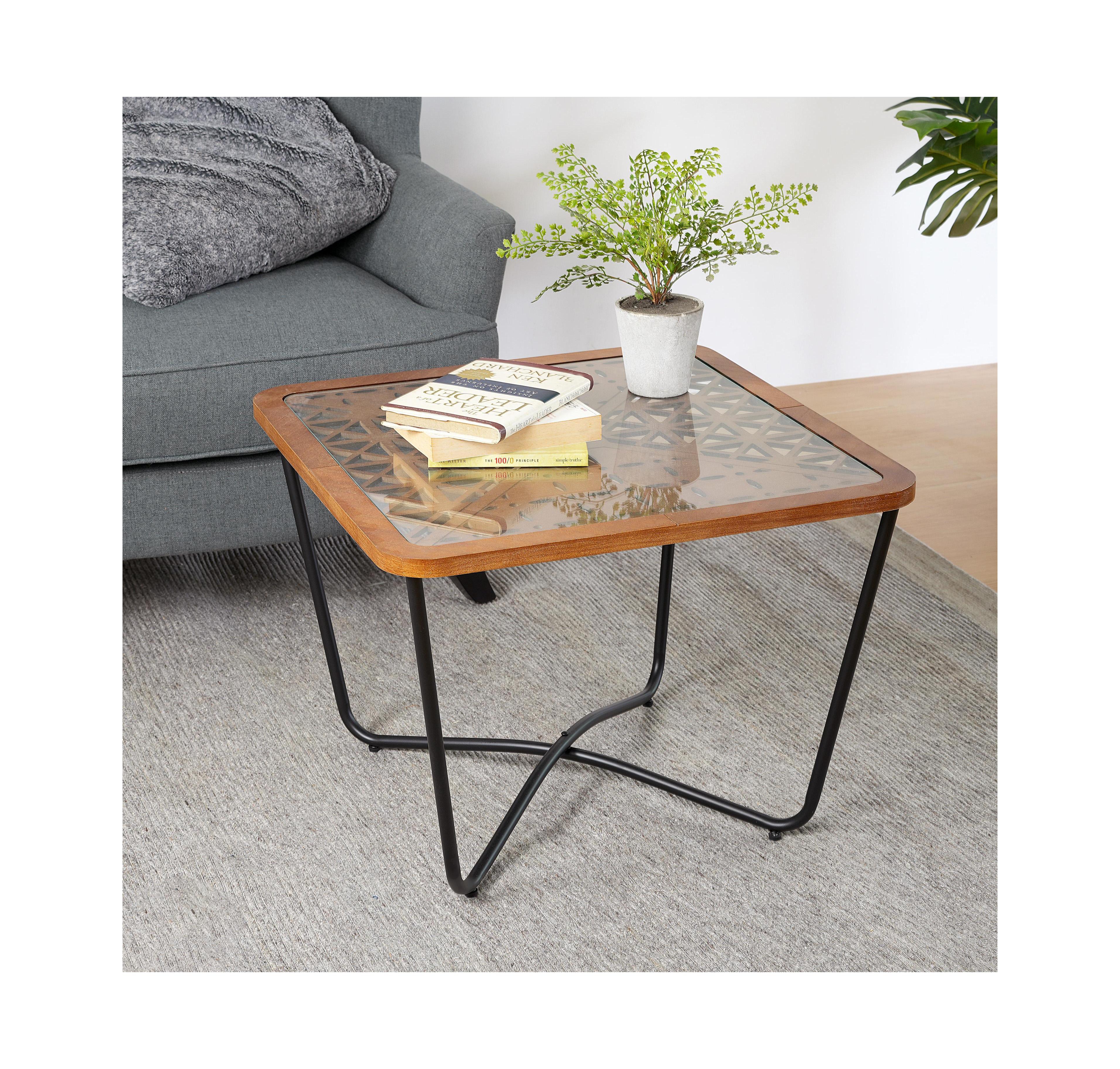 flynama Modern Industrial Square Coffee Table Glass Top Metal Frame Wooden Accent Living Room Table