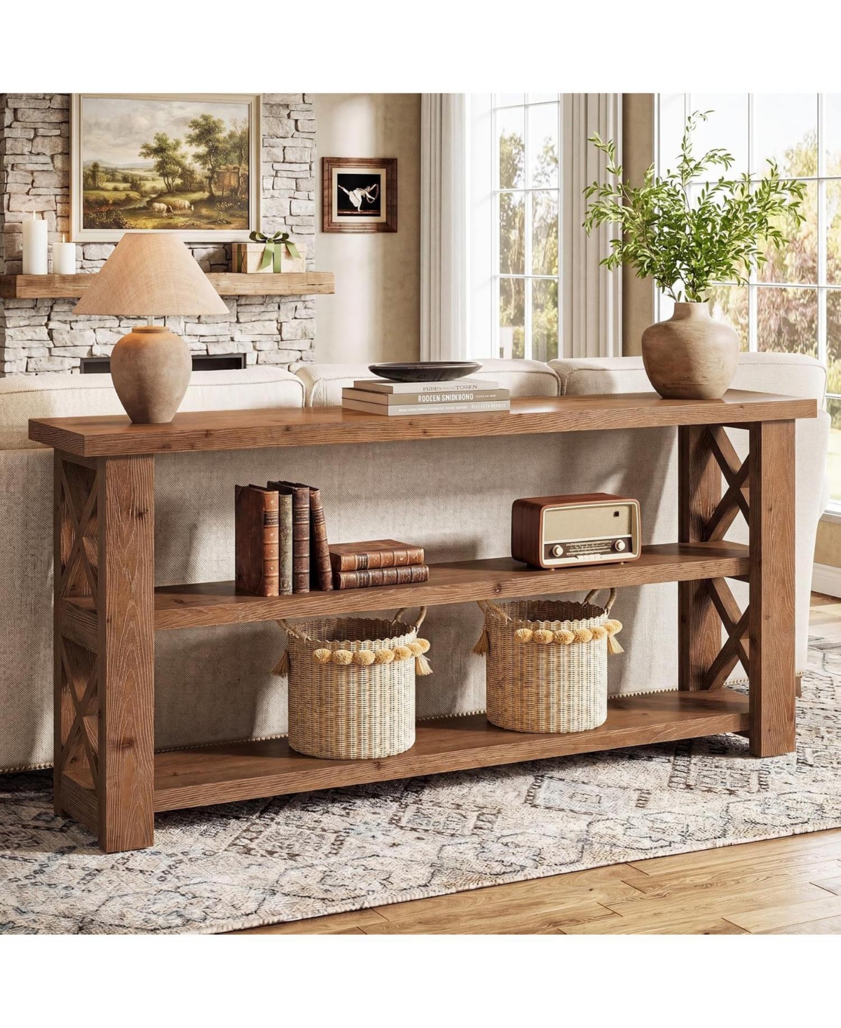 Tribesigns Solid Wood Console Table,63" Sofa Table with X-Shaped Frame