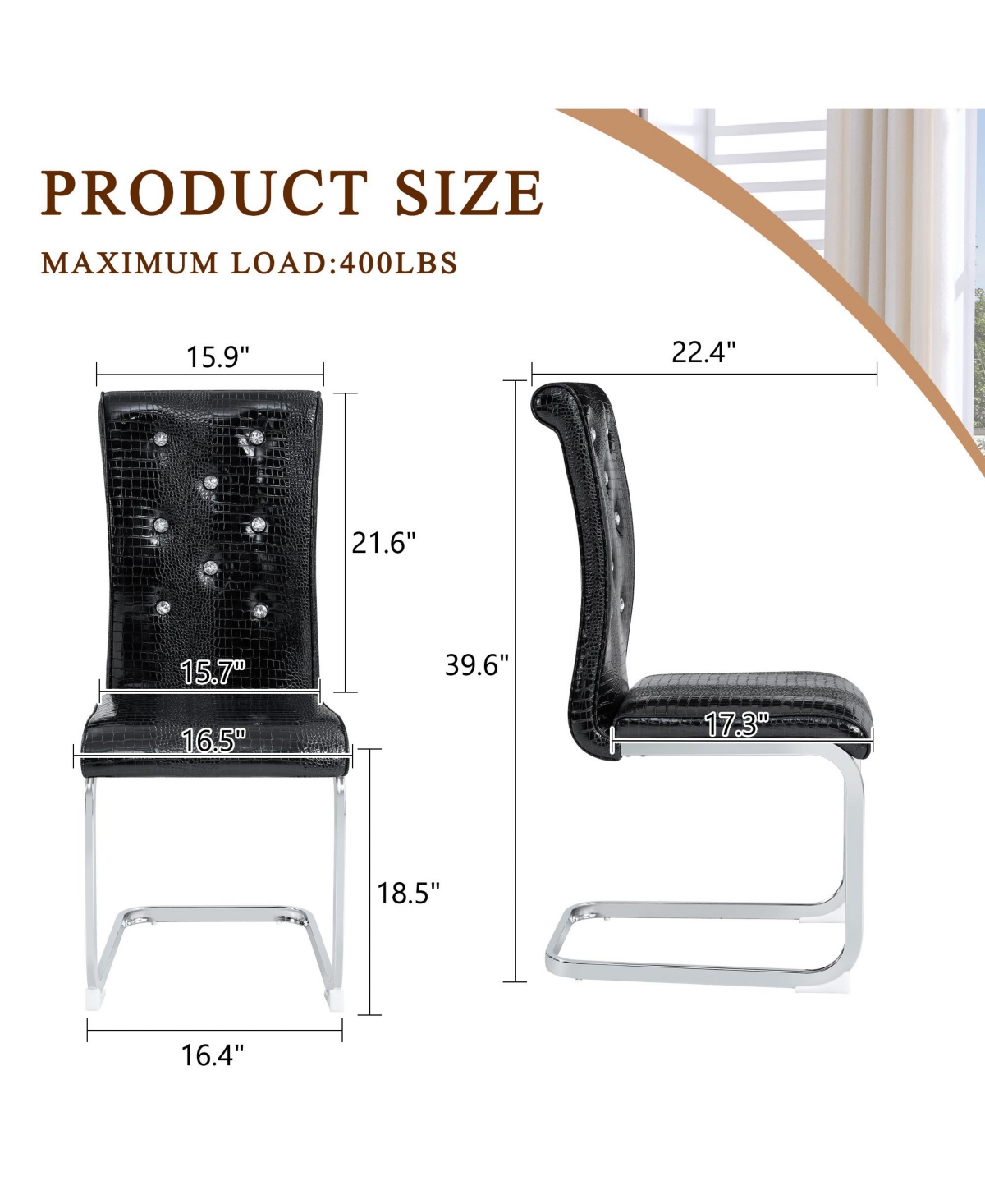 Flynama Set of 2 Retro Faux Alligator Skin Dining Chairs, Pvc Leather Chairs with Crystal Buckle and Electroplated Metal Legs