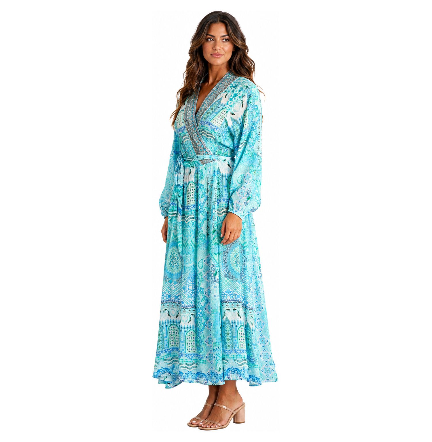 Women's Boho Long-Sleeve Paisley-Print Wrap Maxi Dress