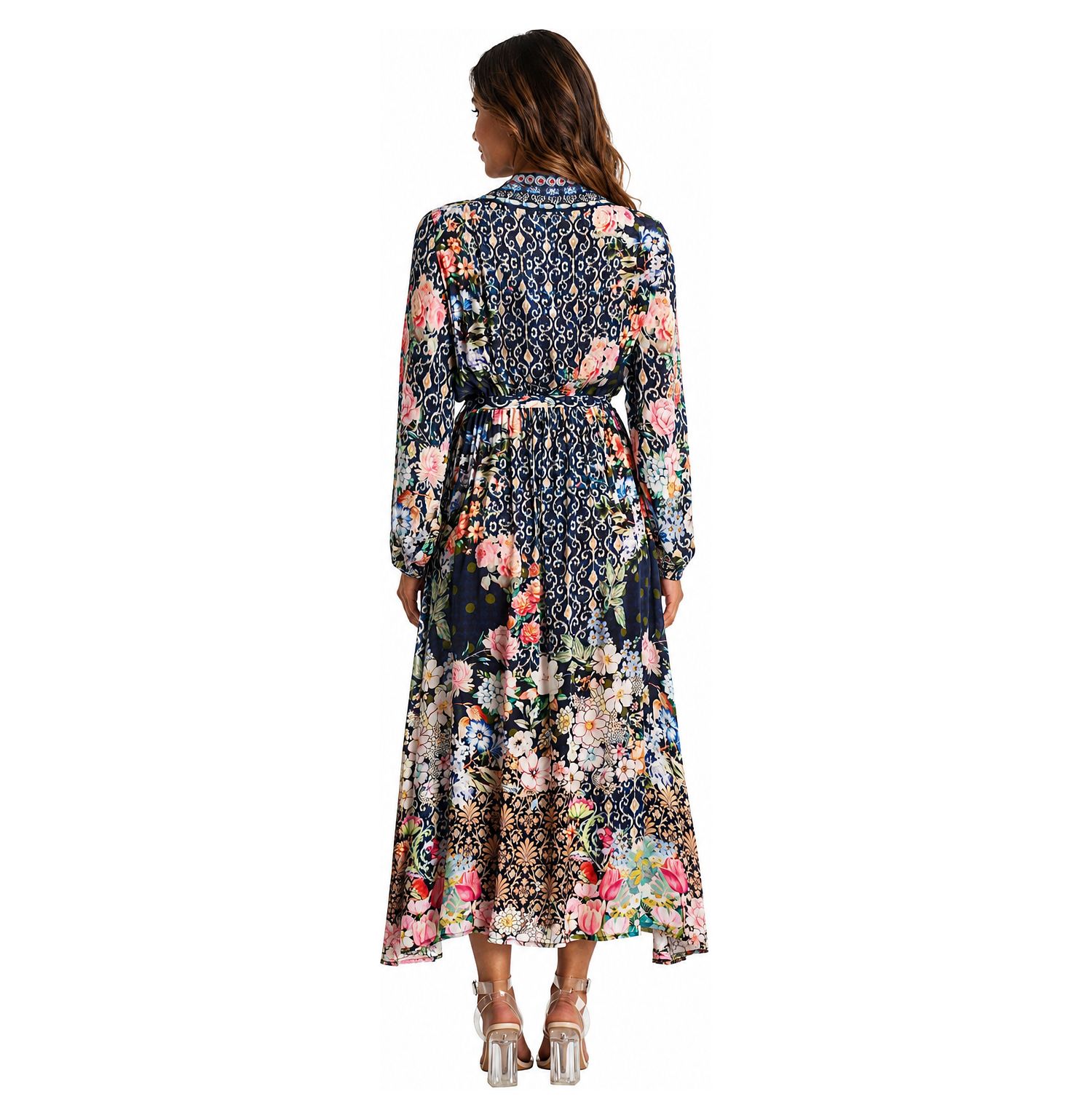 Women's Floral-Patchwork Long-Sleeve Wrap Maxi Dress