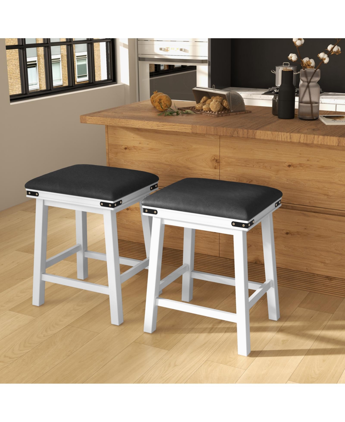 Mecale Set of 2 Acacia Wood Frame 24-Inch Bar Stools