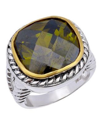 Cushion Cut Bezel Olivine Cubic Zirconia Oxidized Twist Statement Ring