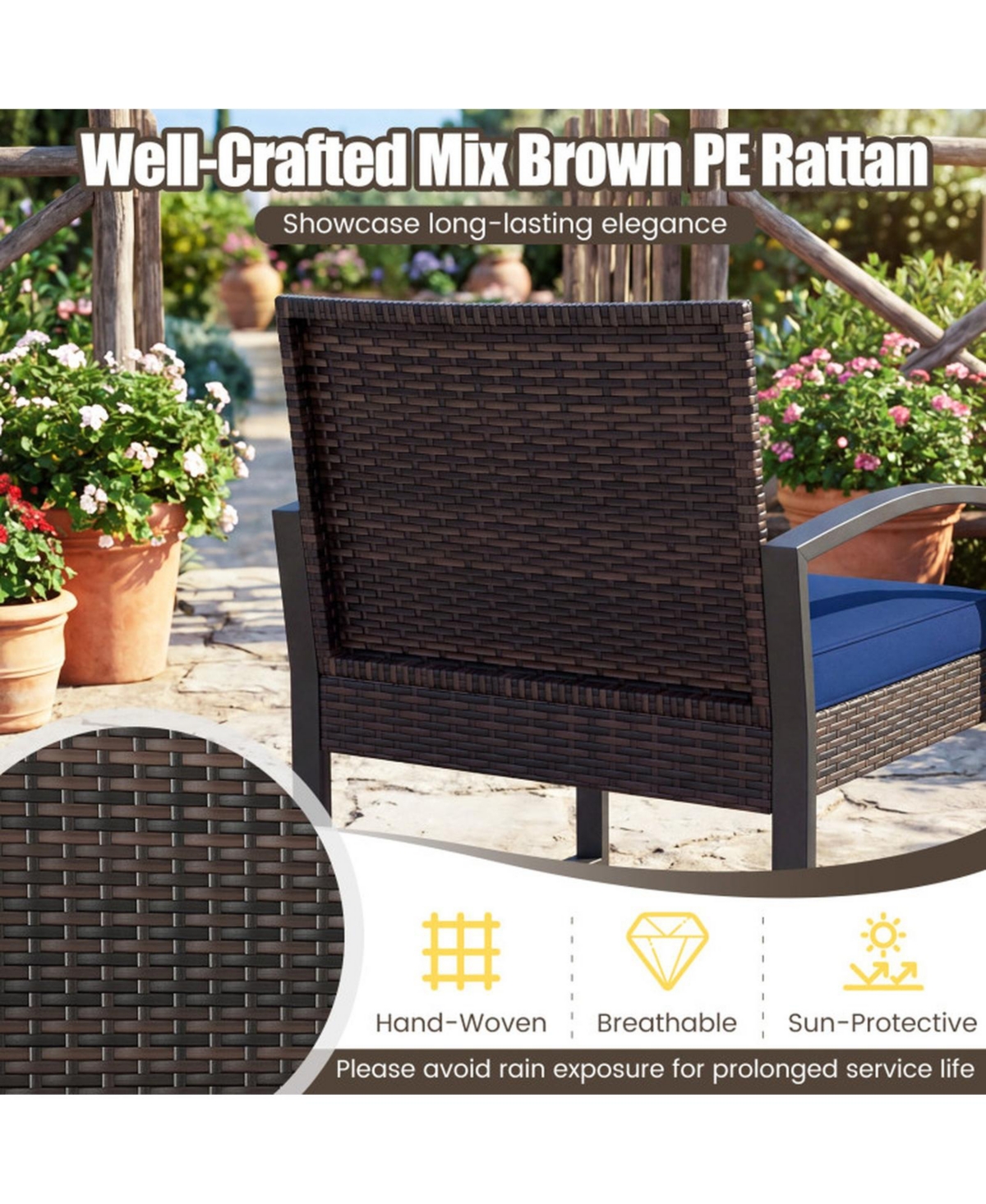 Gouun Patio Conversation Set with 2 Ottomans and Tempered Glass Table