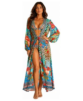 Women's Leopard-and-Floral-Print Long-Sleeve V-Neck Wrap Maxi Dress