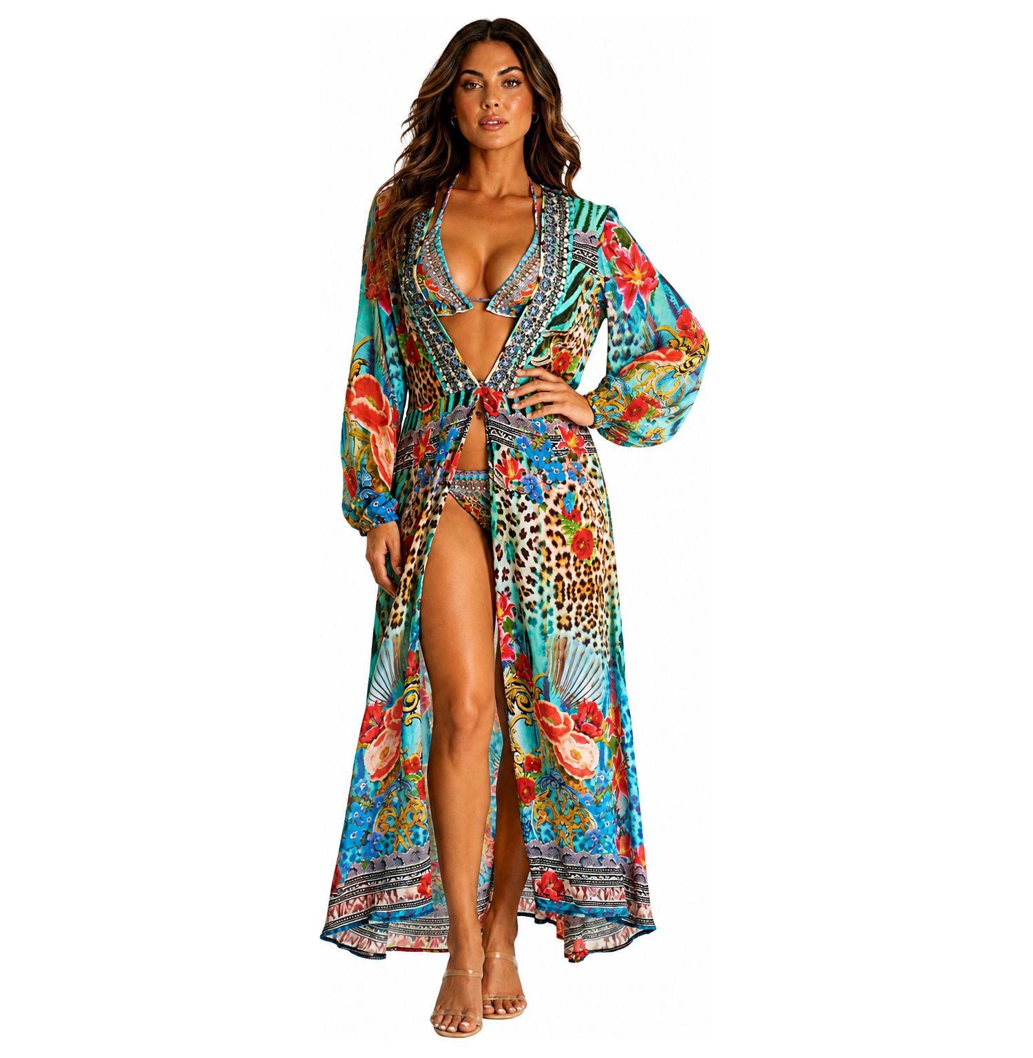 Women's Leopard-and-Floral-Print Long-Sleeve V-Neck Wrap Maxi Dress