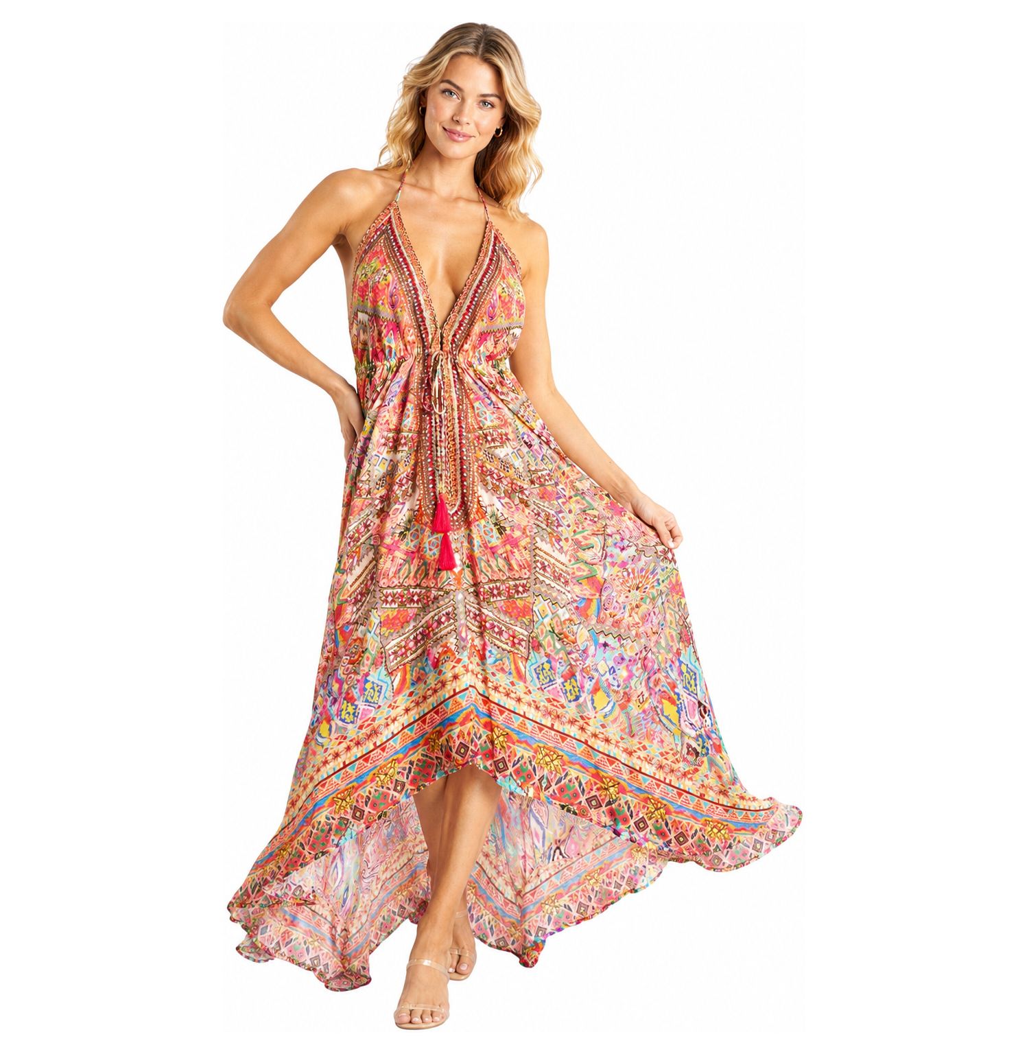 Women's Halter-Plunge High-Low Maxi Dress