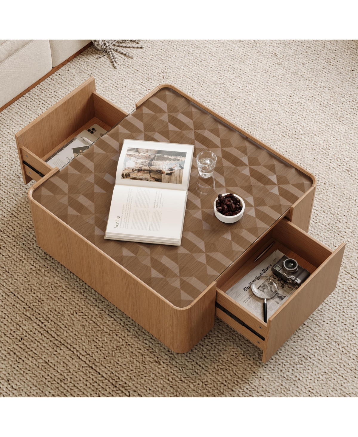 Flynama Square Glass Coffee Table Walnut Frame Storage Drawers Modern Living Room Table