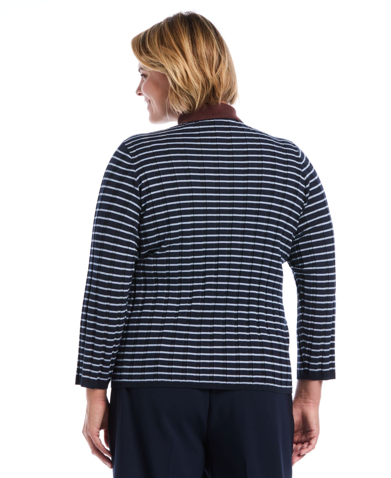 Plus Size Striped Polo 3/4 Sleeve Sweater