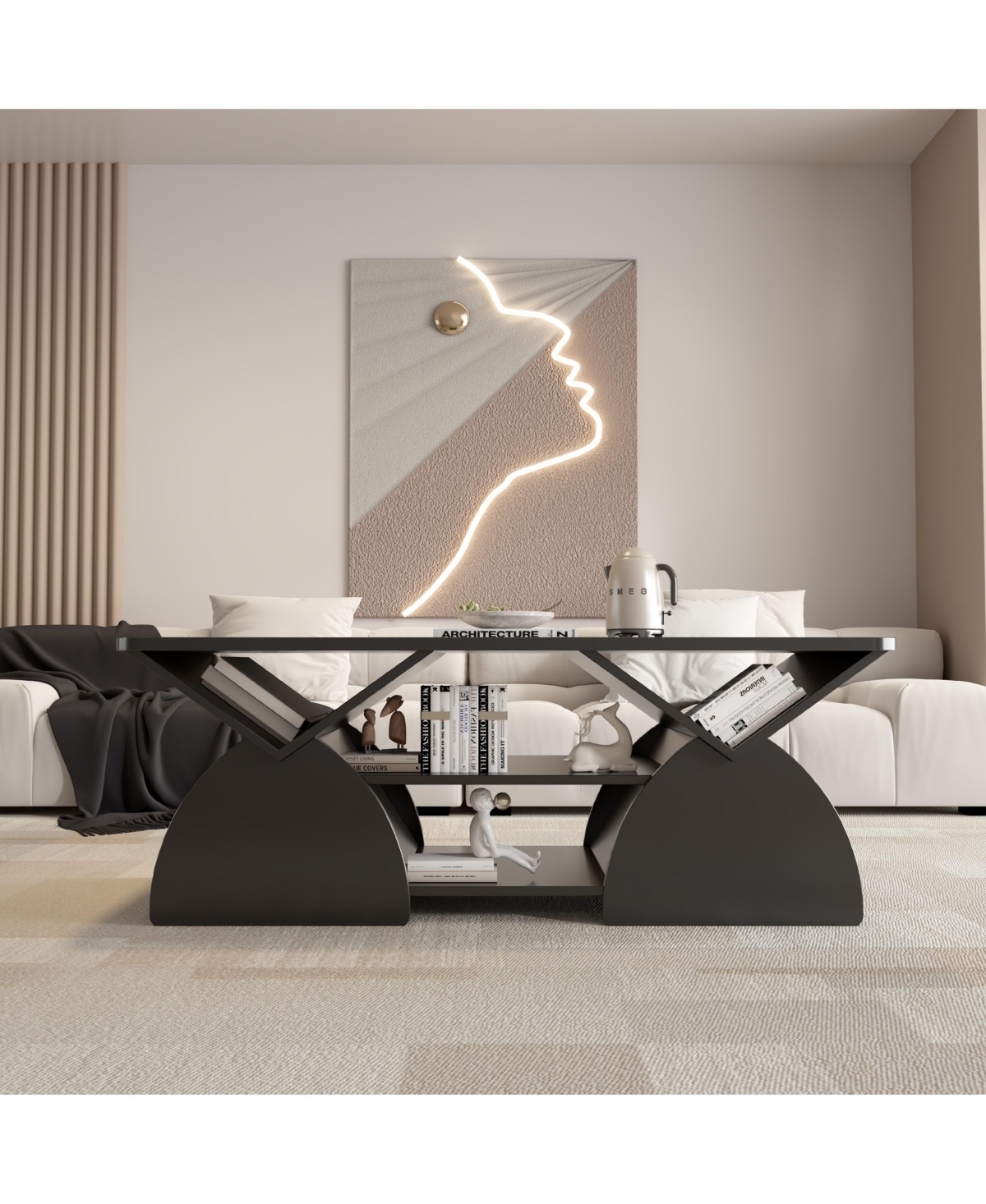 flynama Modern Rectangular Coffee Table with Storage Shelves Engineered Wood