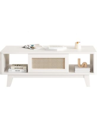 Mid-Century Square Coffee Table with Rattan Drawer and Solid Wood Legs