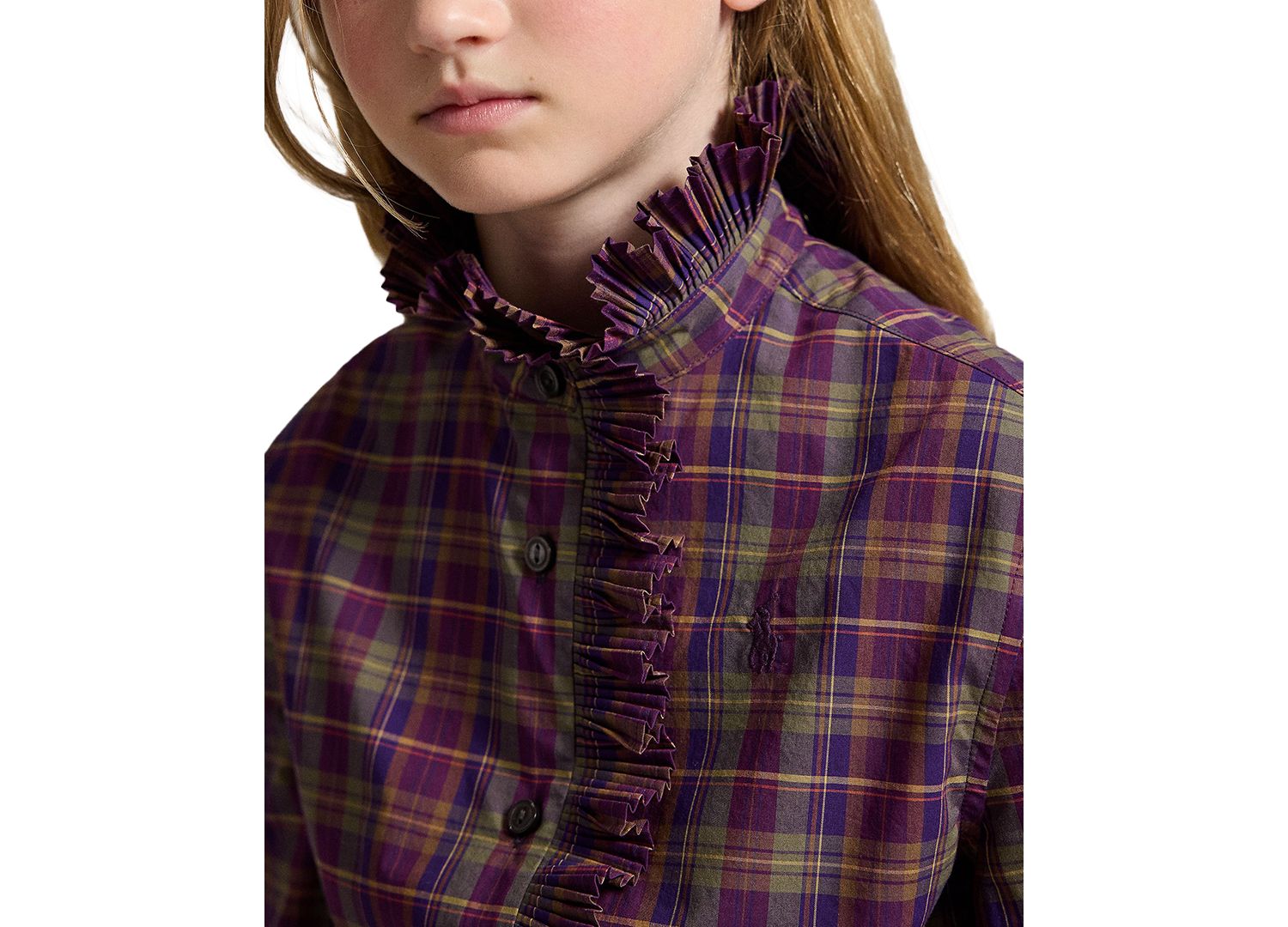 Girls' 7-16 Plaid Ruffled Cotton Poplin Top