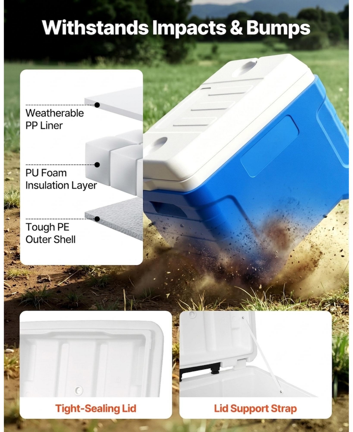 Sugift 45QT Portable Rolling Hard Cooler with Wheels Leak-Resistant 48 Hour Ice Retention Insulated Chest