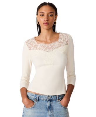 Women's Rib Knit Lace Trim 3/4 Sleeve Square Neck Top