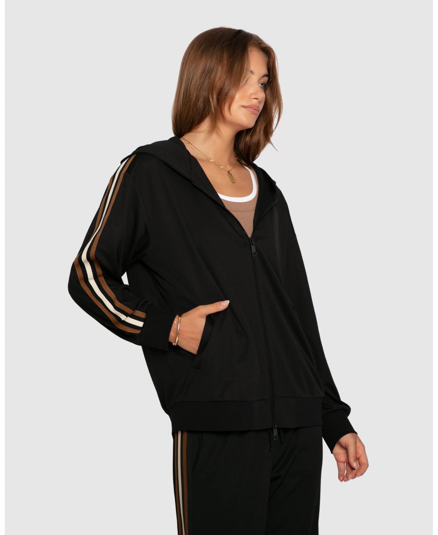 Women's Ready To Go Hooded Zip-Up Striped Sleeve Jacket