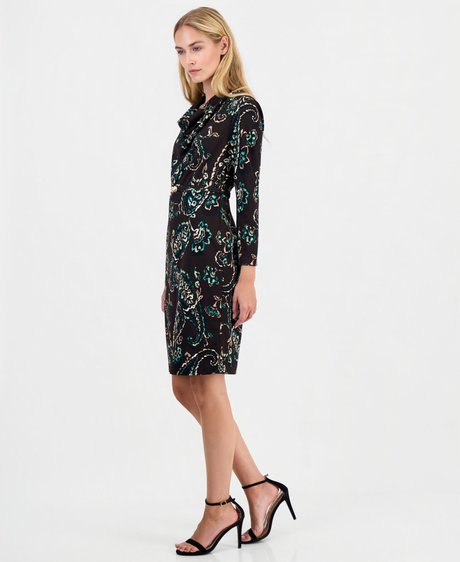 Women's Cowl Neck Sheath Long-Sleeve Paisley-Print Dress