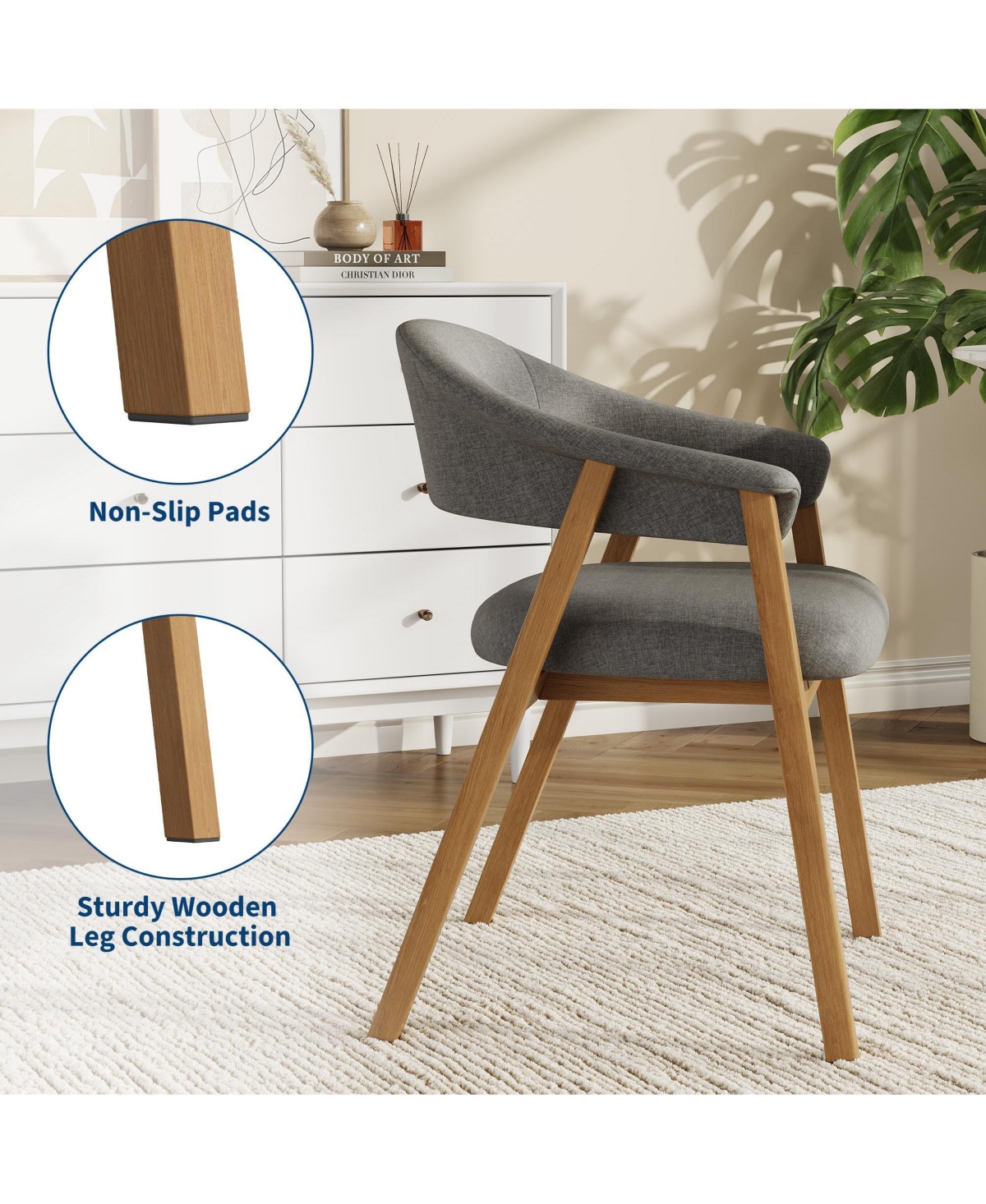 homfan 2 Set of Upholstered Dining Chairs with Arms, Chenille Fabric Armchair Wooden Legs and Curved Backrest, Accent for