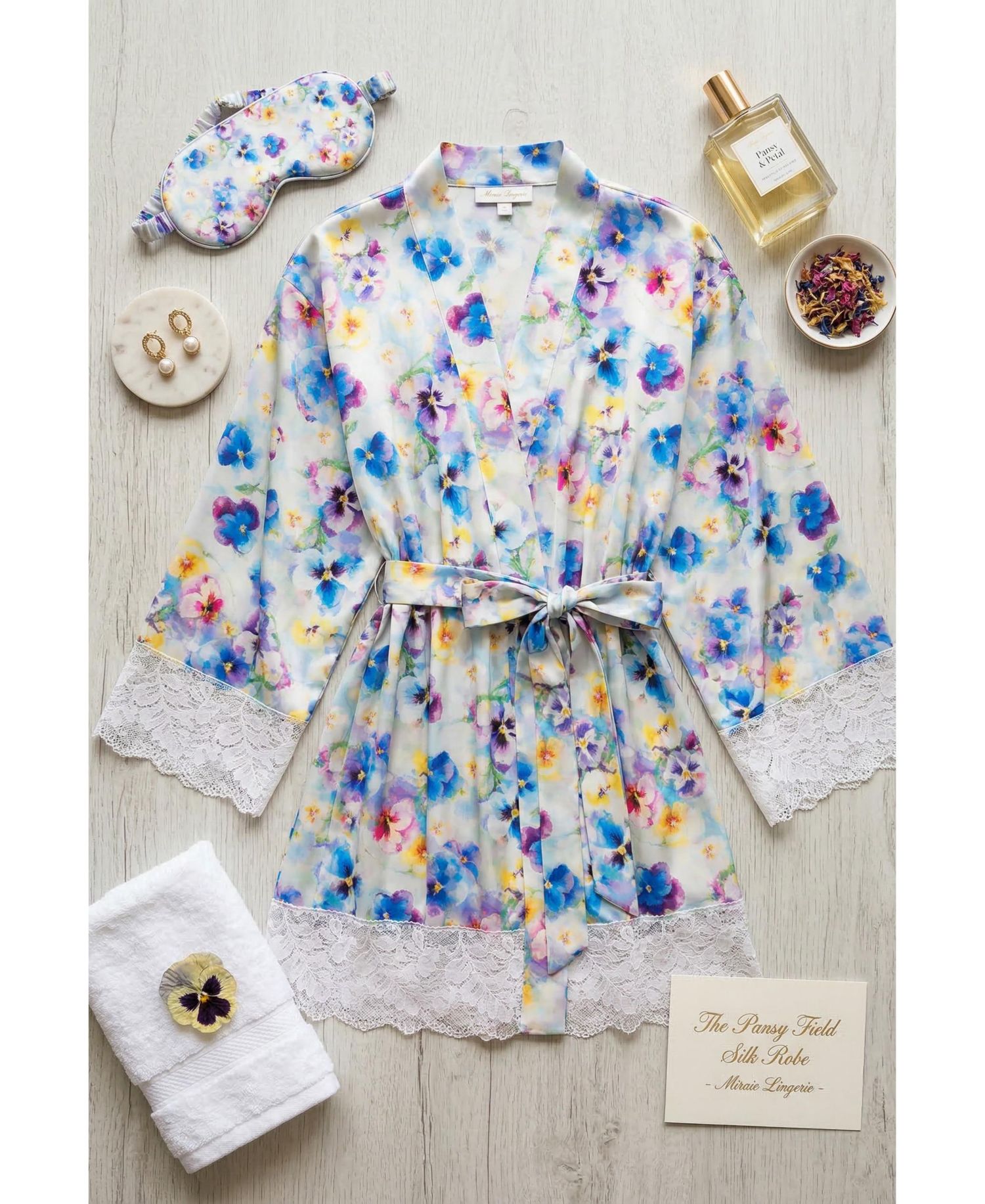 Women's Satin Sparkle-Lace Floral Wrap Robe