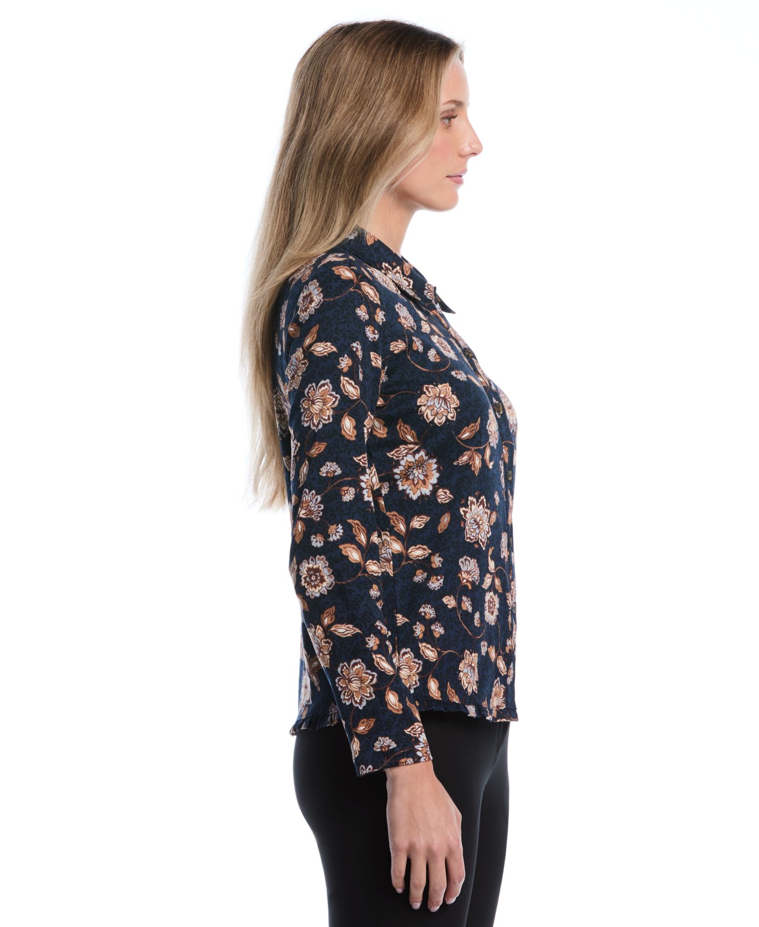Petite Floral Ruffle-Trim Long-Sleeve Blouse