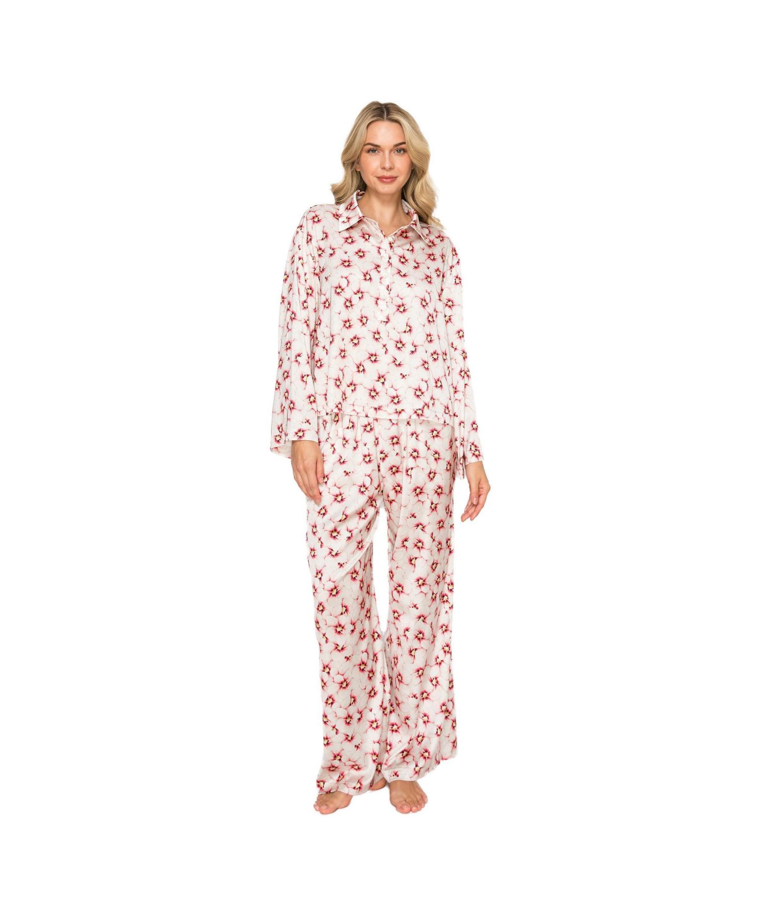 Women's Floral-Print Satin Long-Sleeve Pajama Set