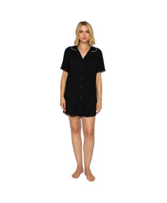 Women's Yummy Button-up Short-Sleeve Notched Collar Sleep Dress