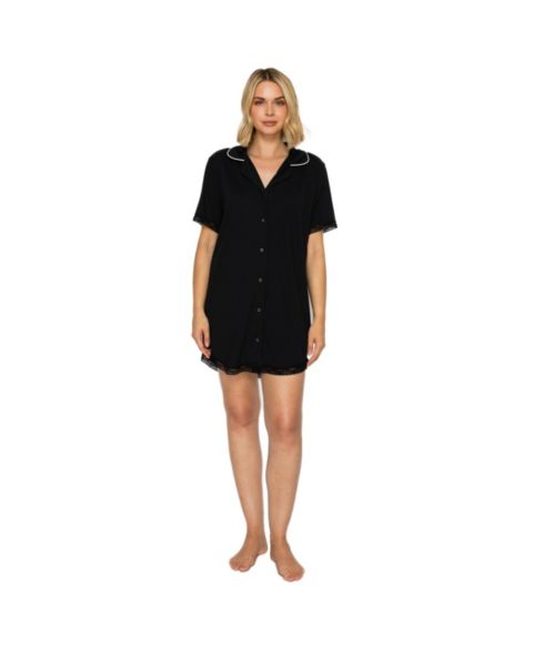 Женское платье Studio Badgley Mischka Yummy Button-up Short-Sleeve Notched Collar Sleep Dress, цвет: Чёрный