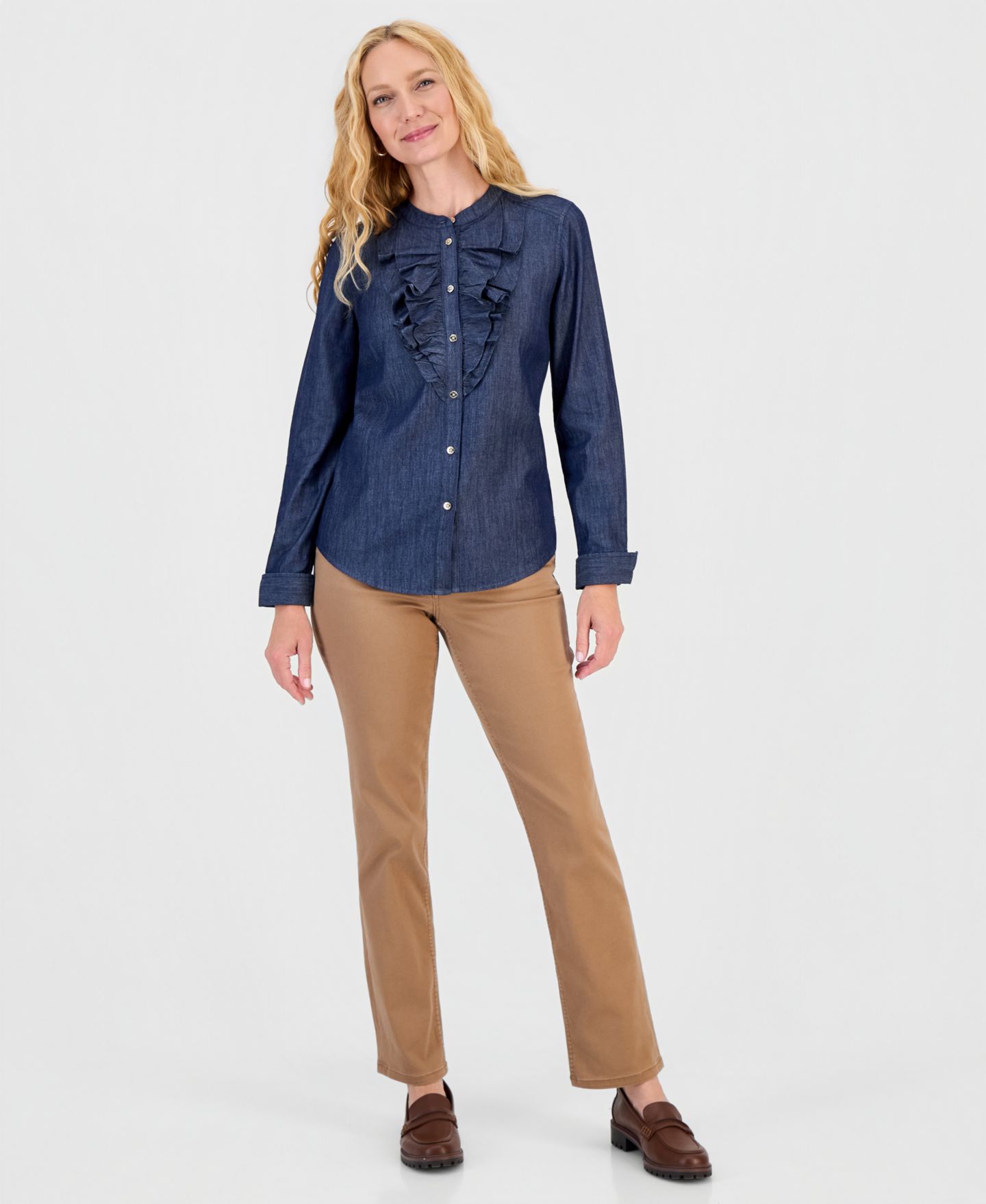 Женская блузка Nautica Long-Sleeve Ruffle Chambray, цвет: Лазурный — фото 2