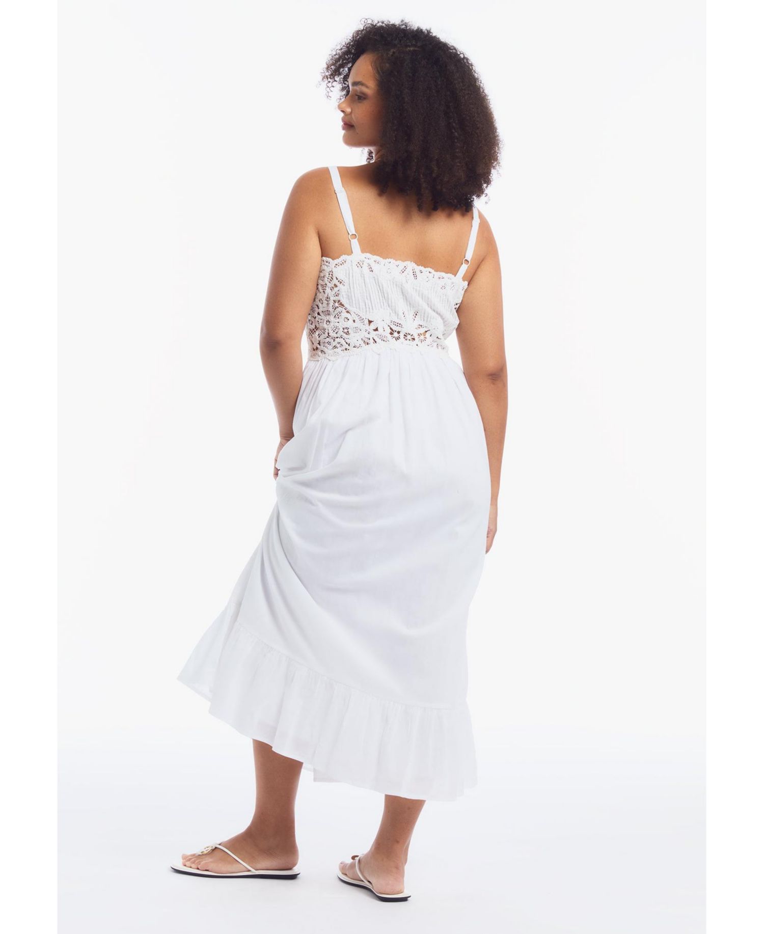 Plus Size Cotton Voile V-Neck Lace-Trim Ruffled Hem Maxi Dress