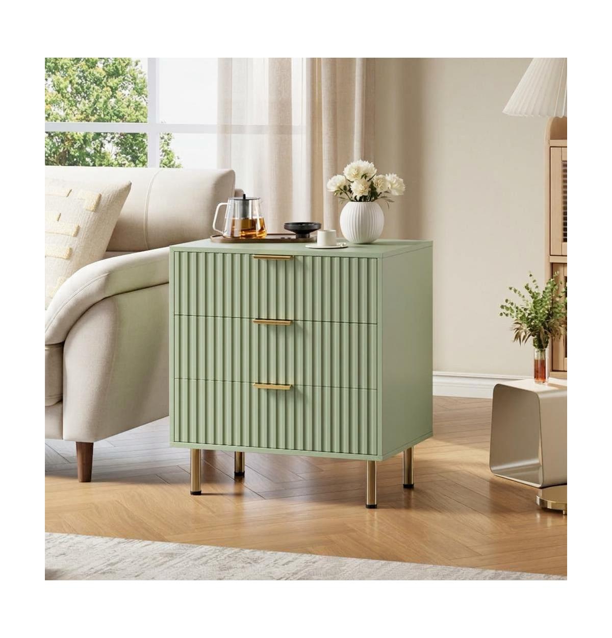 homfan Modern Fluted 3 Drawer Dresser, Wide Chest of Drawers with Deep Storage, Wooden Bedroom Organizer, Bedside Table Side Table for Living Room - G