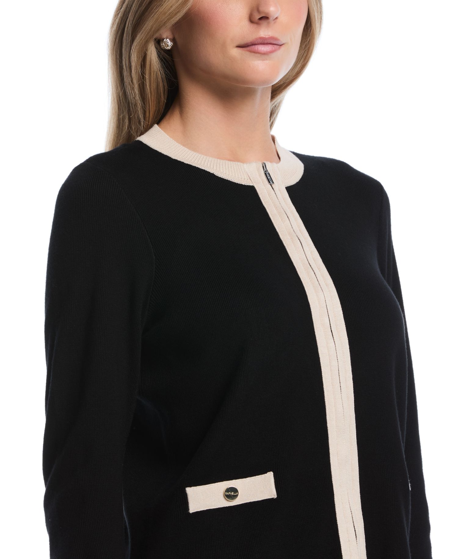 Petite Colorblock Zip-Up Crewneck Cardigan
