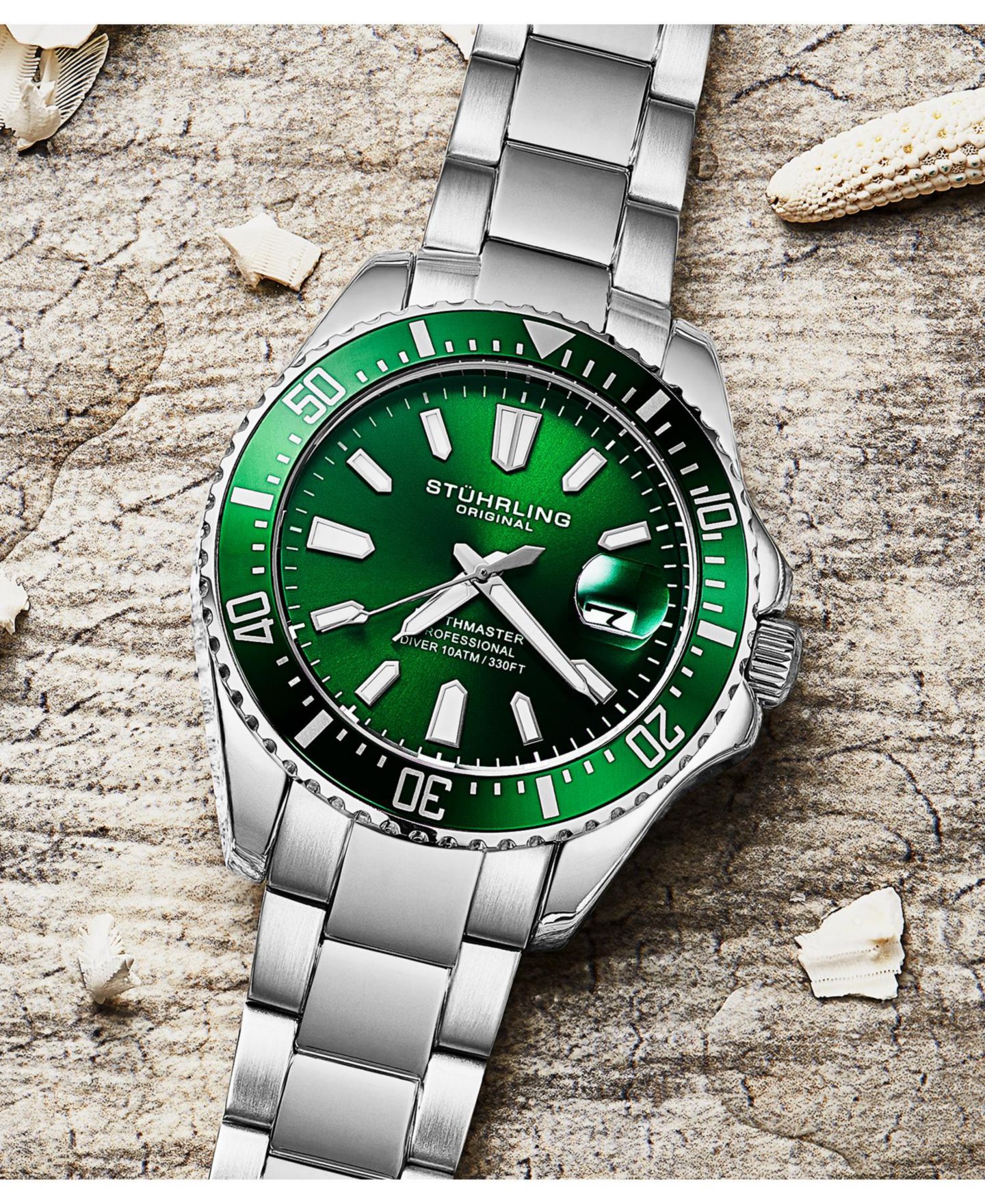 Мужские часы Stuhrling Aquadiver Silver-tone Stainless Steel, Green Dial, 42mm Round Watch, цвет: Серебряный — фото 7