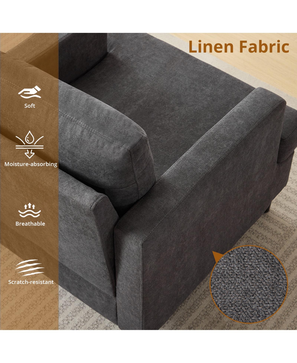 homfan Mid-Century Accent Chair, Modern Linen Fabric Armchair for Living Room, Comfy Convex Seat Reading Single Sofa Chair with Solid Wood Frame