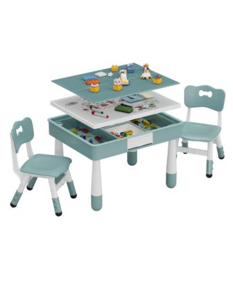 4-in-1 Activity Table and Chair Set, Double-Sided Tabletop Building Block Base Drawing Board, 2 Adjustable Chairs, Multi-Purpose Desk