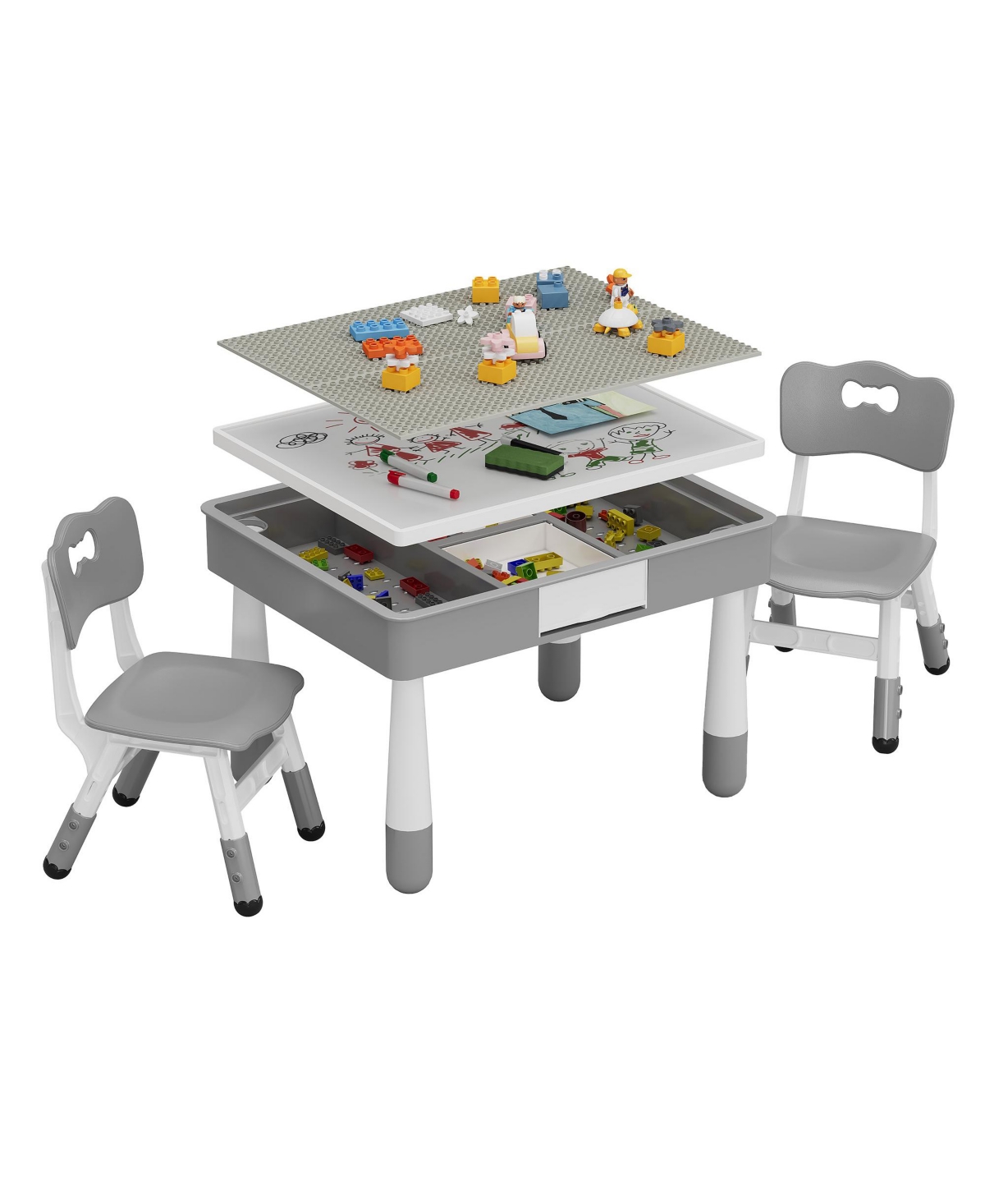 homfan 4-in-1 Activity Table and Chair Set, Double-Sided Tabletop Building Block Base Drawing Board, 2 Adjustable Chairs, Multi-Purpose Desk - Grey