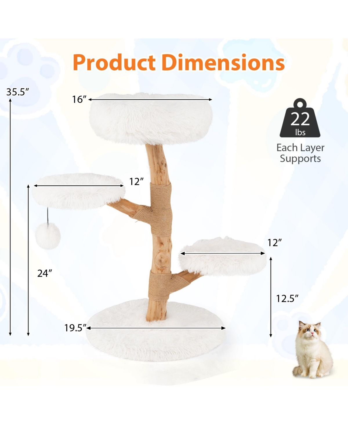 Costway Cat Tree with Perch,Jute Scratching Posts, Dangling Ball, Soft Long Plush