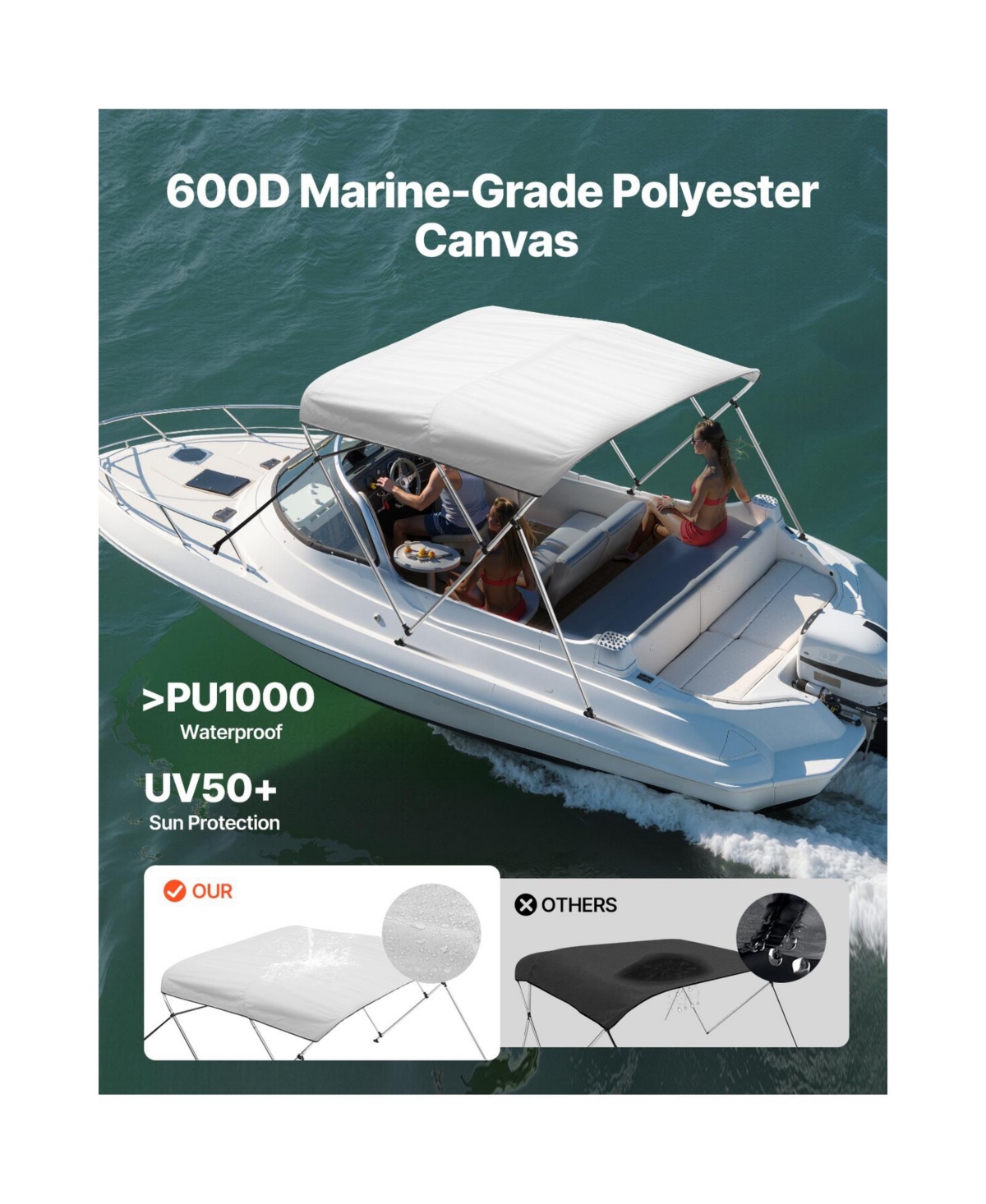 Sugift 3 Bow Boat Bimini Top 600D Polyester Canopy Aluminum Frame