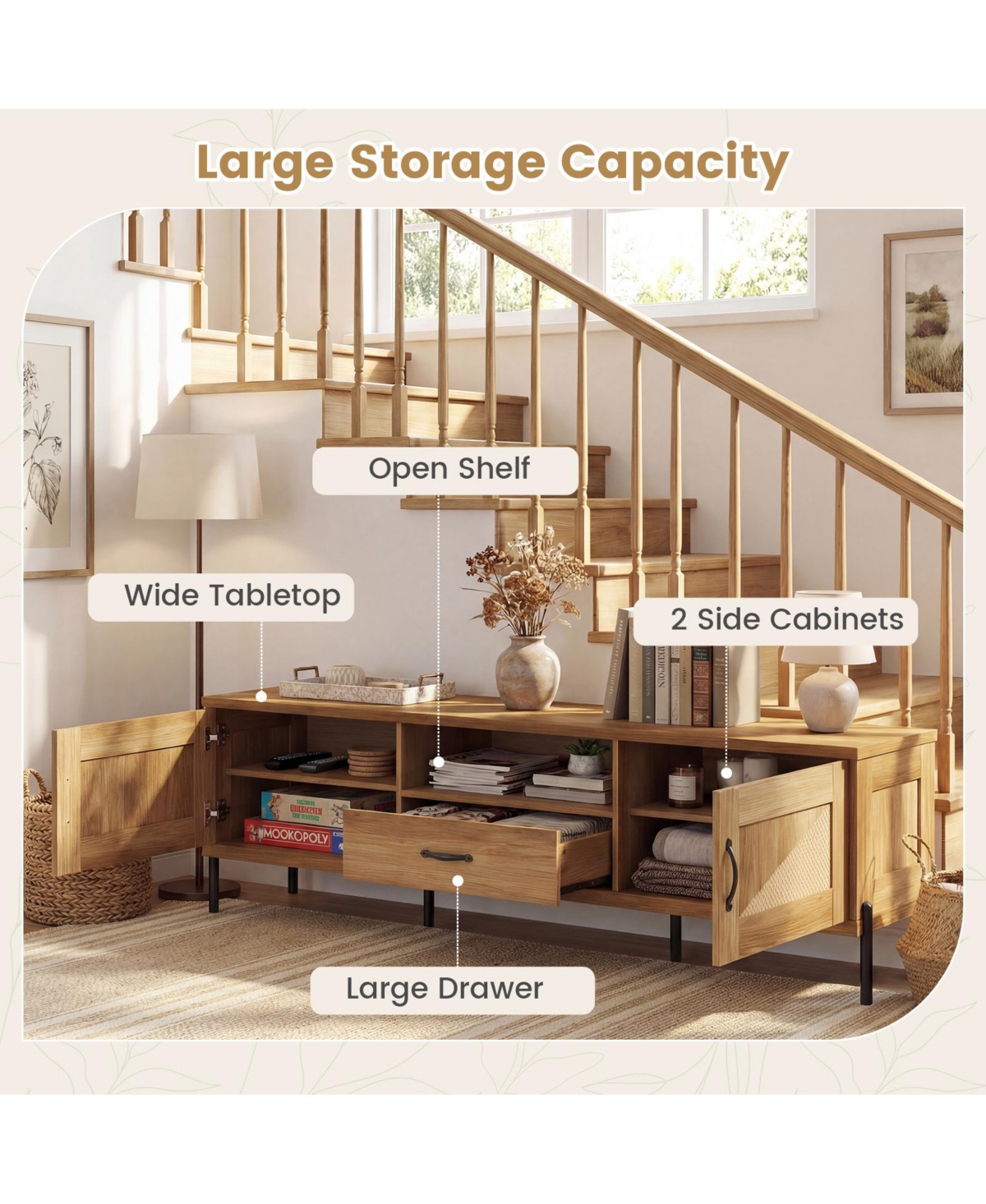 Costway Rattan Tv Stand for TVs with 2 Storage Cabinets, Open Shelf and Drawer
