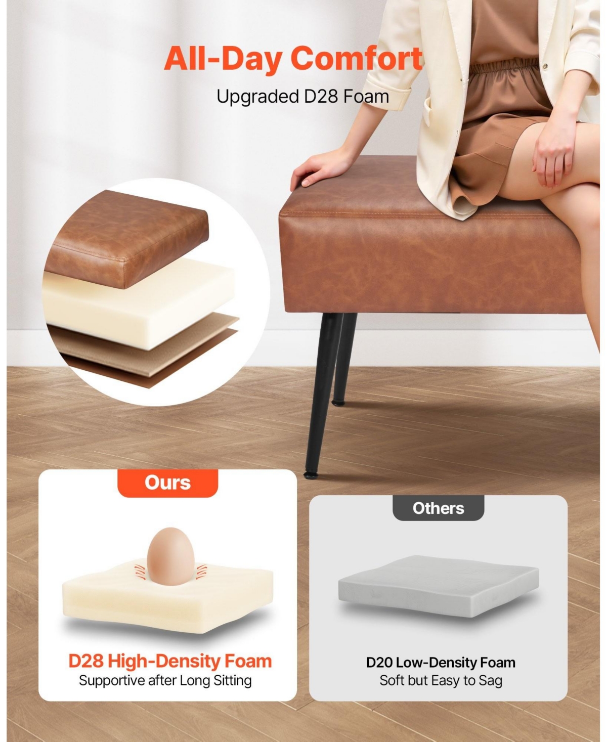 Sugift Pu Leather Upholstered Bedroom Bench with Metal Legs 15.7 x 43.3 x 16.9 in 660 lbs