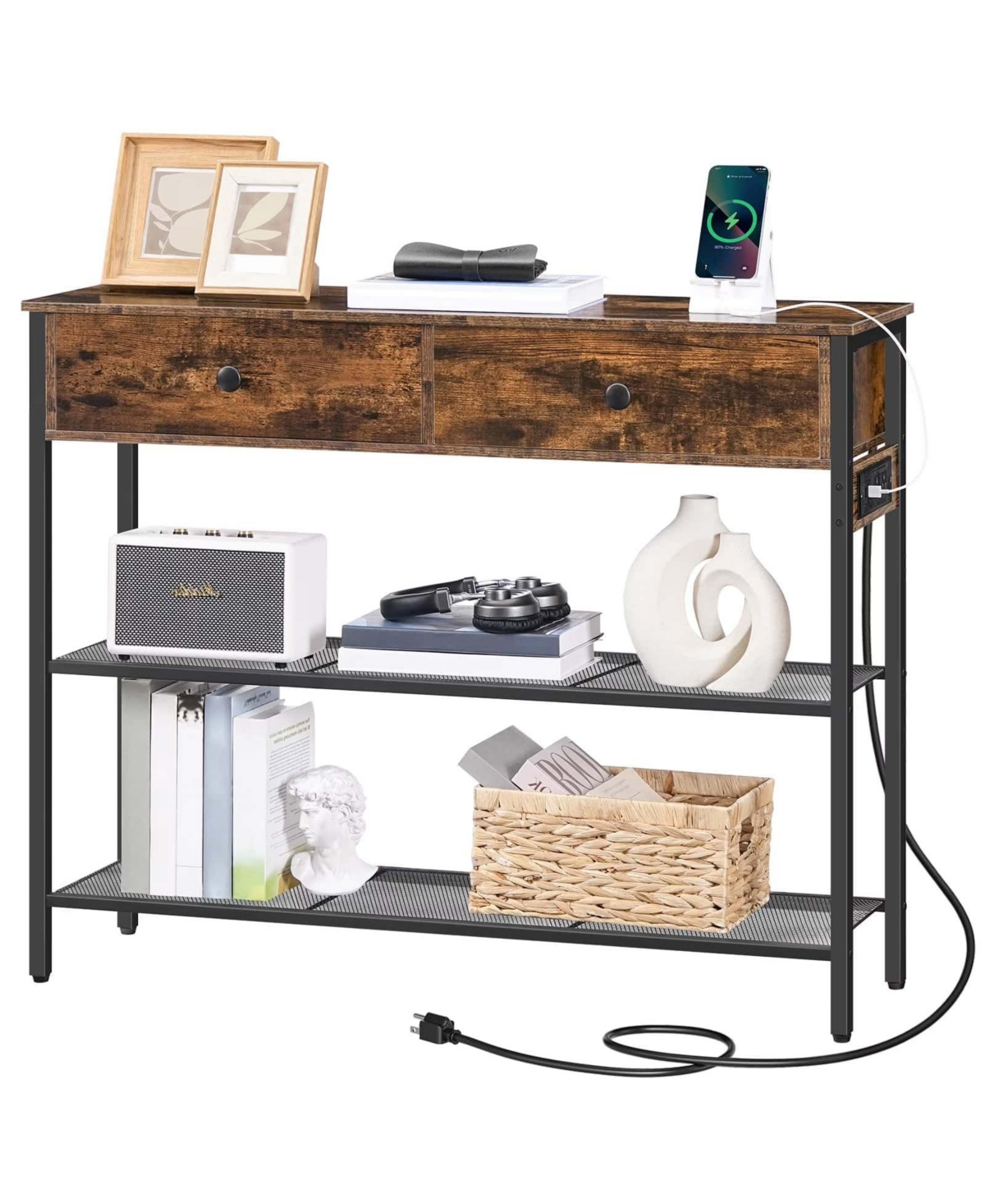 Slickblue Modern 3-Tier Slim Console Table with Drawers and Charging Port