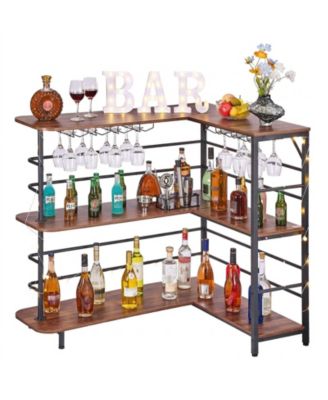 L-Shaped 3-Tier Home Bar Cabinet Table with Storage Shelves Adjustable Foot Pads and LED Light