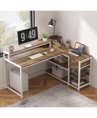 55" L-Shaped Corner Desk with Drawers and Shelves, Oak