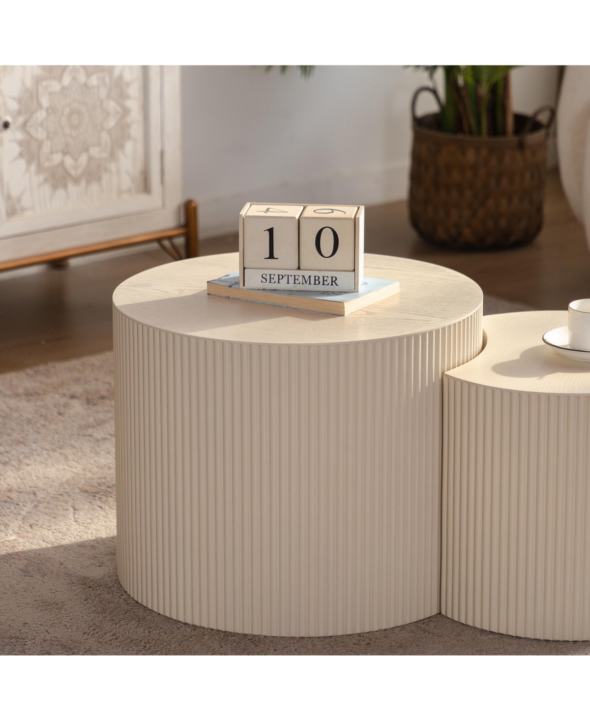 Flynama Round Hand Relief Wood Coffee Table, No Assembly