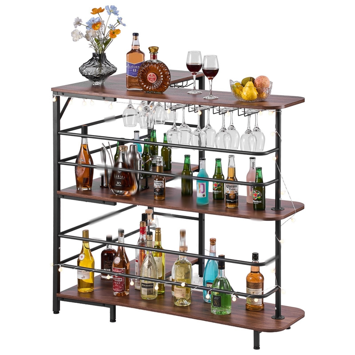 Sugift L-Shaped 3-Tier Home Bar Cabinet Table with Storage Shelves Adjustable Foot Pads and Led Light