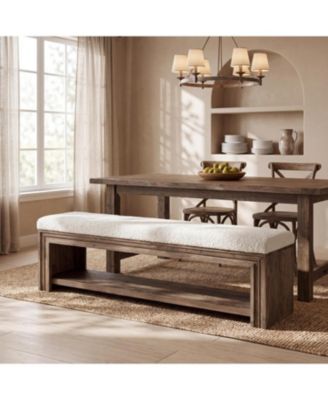55 Wood Dining Bench Farmhouse kitchen bench with storage shelf and cushion for 2 Solid wood backless long seating for dining table
