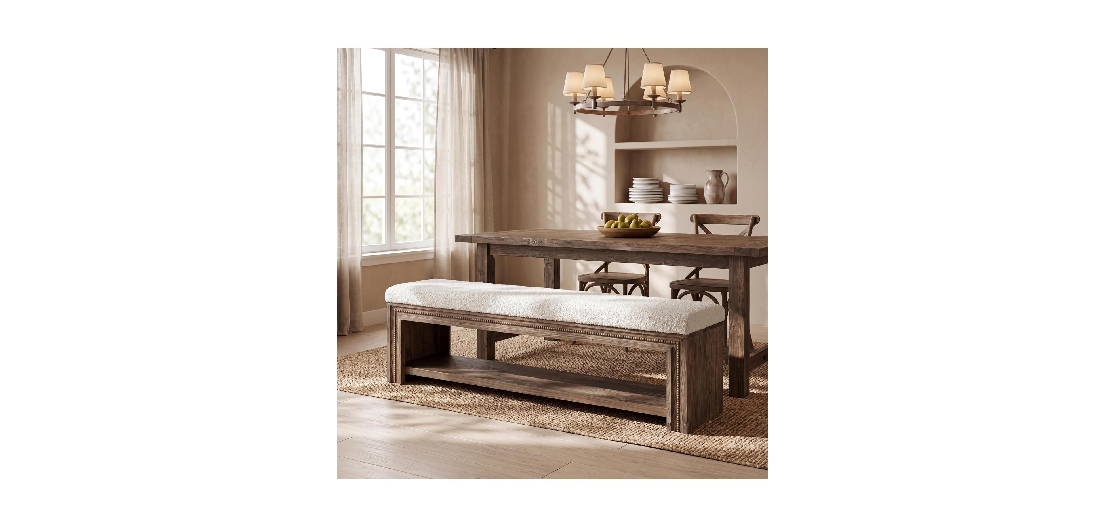 Tribesigns 55 Wood Dining Bench Farmhouse kitchen bench with storage shelf and cushion for 2 Solid wood backless long seating for dining table