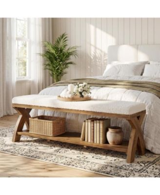 55.11" Solid Wood End of Bed Bench: 2-tier farmhouse bench with cushion seat and shelf. For kitchen, bedroom, living room
