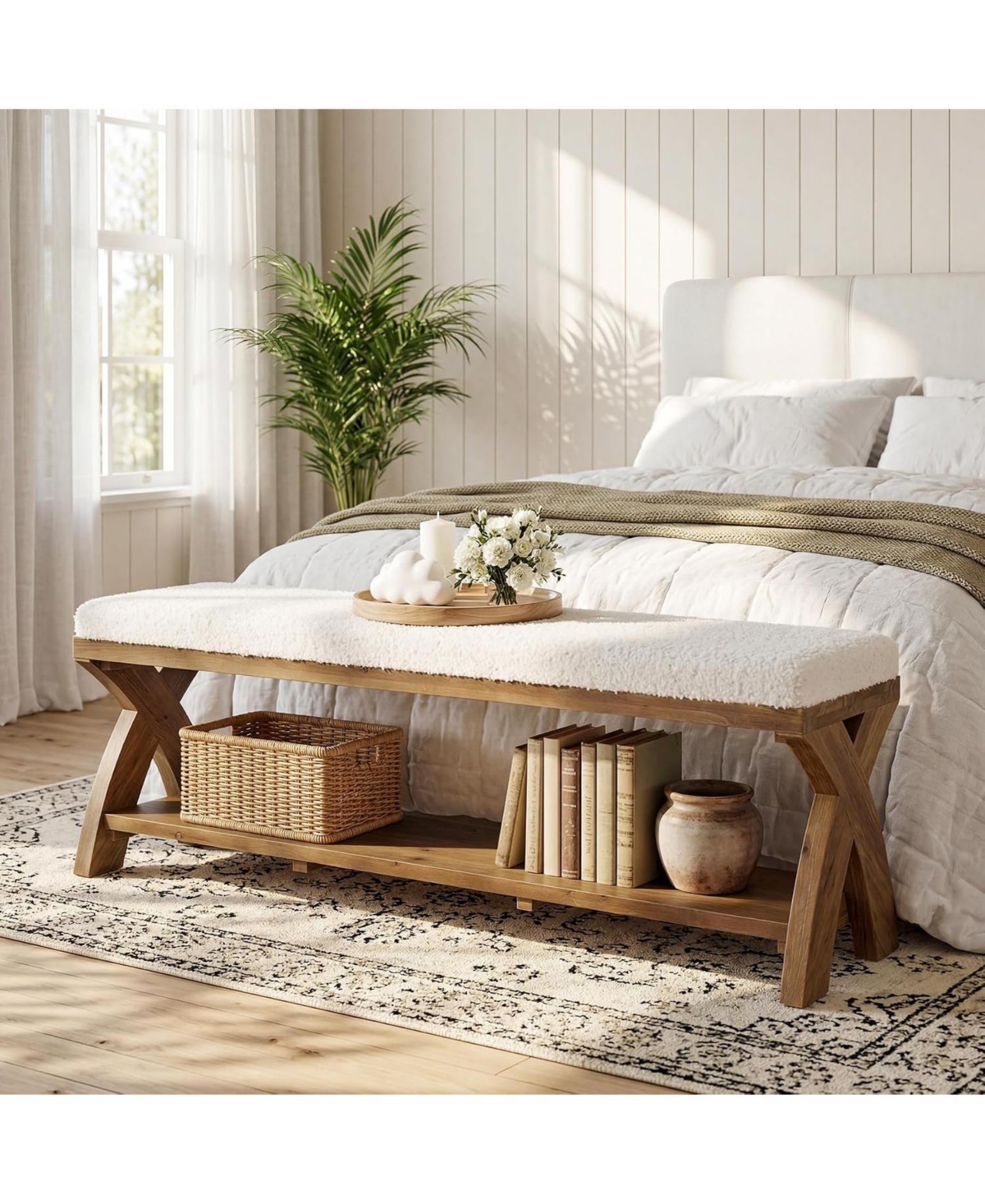 Tribesigns 55.11" Solid Wood End of Bed Bench: 2-tier farmhouse bench with cushion seat and shelf. For kitchen, bedroom, living room