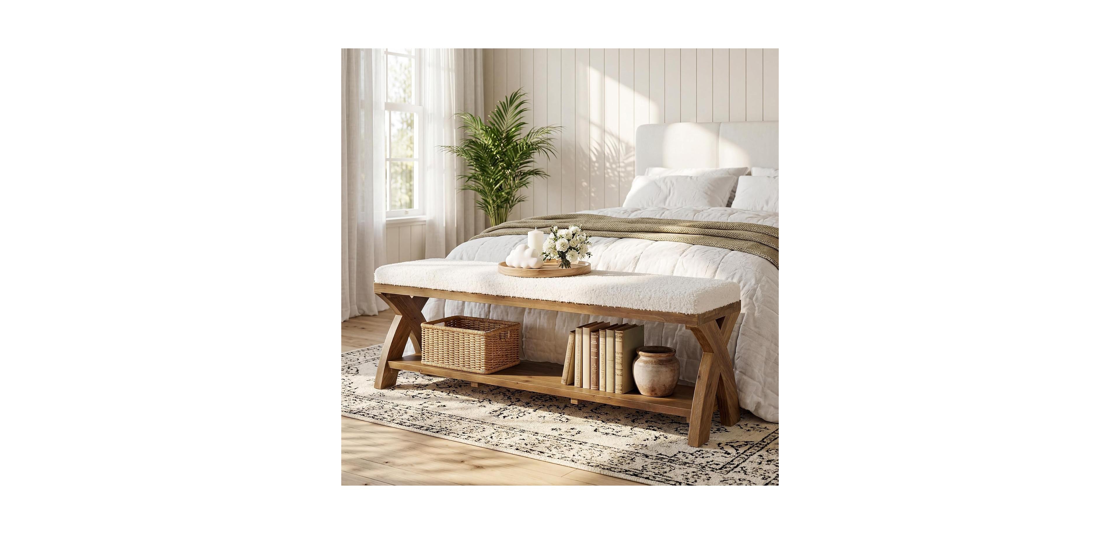 Tribesigns 55.11" Solid Wood End of Bed Bench: 2-tier farmhouse bench with cushion seat and shelf. For kitchen, bedroom, living room
