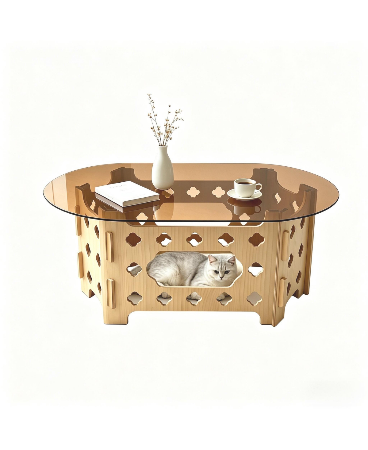 Flynama 38.6 Inch Oval Glass Coffee Table Caramel Wood Carved Base Farmhouse